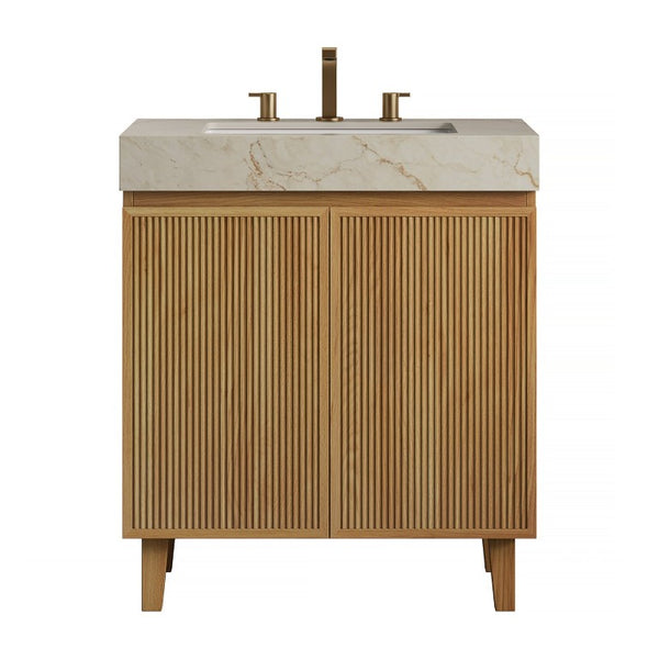 English Elm Lula Freestanding Bathroom Vanity with Fluted Wood Door and Sintered Stone Top 30 inches Beige Gold Natural Wood W2615S00931