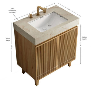English Elm Lula Freestanding Bathroom Vanity with Fluted Wood Door and Sintered Stone Top 30 inches Beige Gold Natural Wood W2615S00931