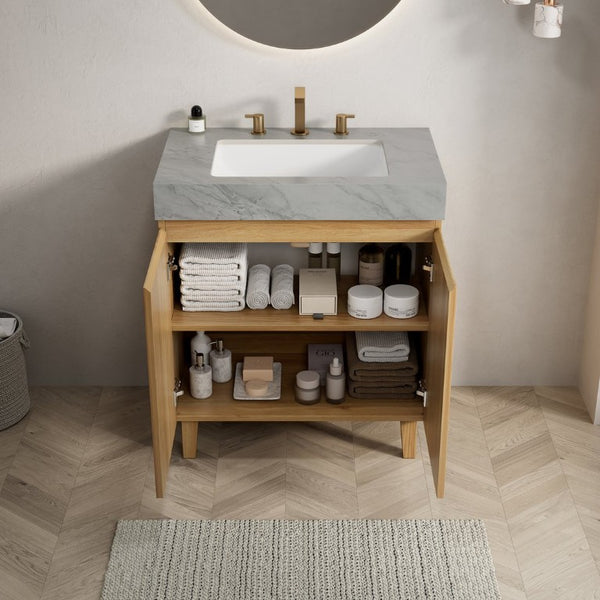 English Elm Lula Freestanding Bathroom Vanity with Sintered Stone Top and Fluted Wood Cabinet 30 inches Carrara Grey / Natural Wood 3 Holes W2615S00933