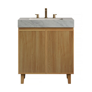 English Elm Lula Freestanding Bathroom Vanity with Sintered Stone Top and Fluted Wood Cabinet 30 inches Carrara Grey / Natural Wood 3 Holes W2615S00933
