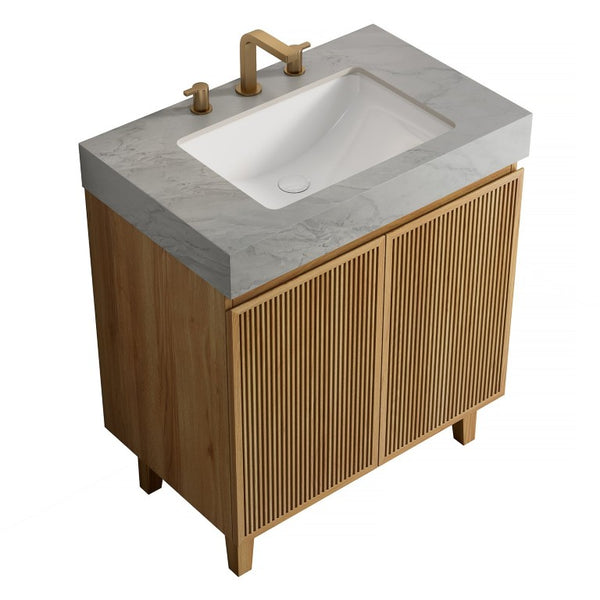 English Elm Lula Freestanding Bathroom Vanity with Sintered Stone Top and Fluted Wood Cabinet 30 inches Carrara Grey / Natural Wood 3 Holes W2615S00933