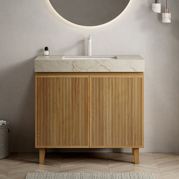 English Elm Lula Freestanding Bathroom Vanity with Sintered Stone Top and Fluted Wood Cabinet 36 inches Cream Gold / Natural Wood 1 Hole W2615S00934