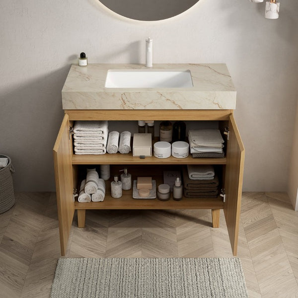 English Elm Lula Freestanding Bathroom Vanity with Sintered Stone Top and Fluted Wood Cabinet 36 inches Cream Gold / Natural Wood 1 Hole W2615S00934