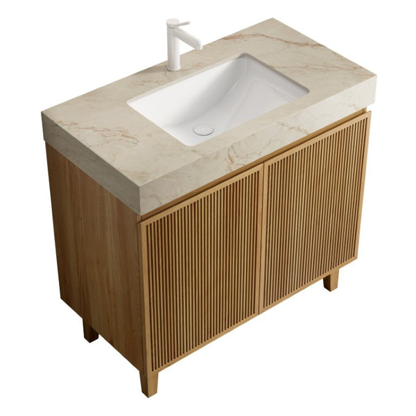 English Elm Lula Freestanding Bathroom Vanity with Sintered Stone Top and Fluted Wood Cabinet 36 inches Cream Gold / Natural Wood 1 Hole W2615S00934