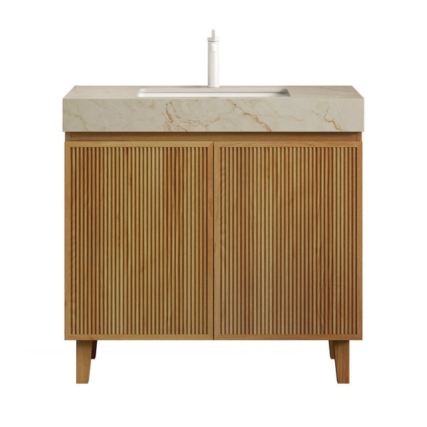 English Elm Lula Freestanding Bathroom Vanity with Sintered Stone Top and Fluted Wood Cabinet 36 inches Cream Gold / Natural Wood 1 Hole W2615S00934