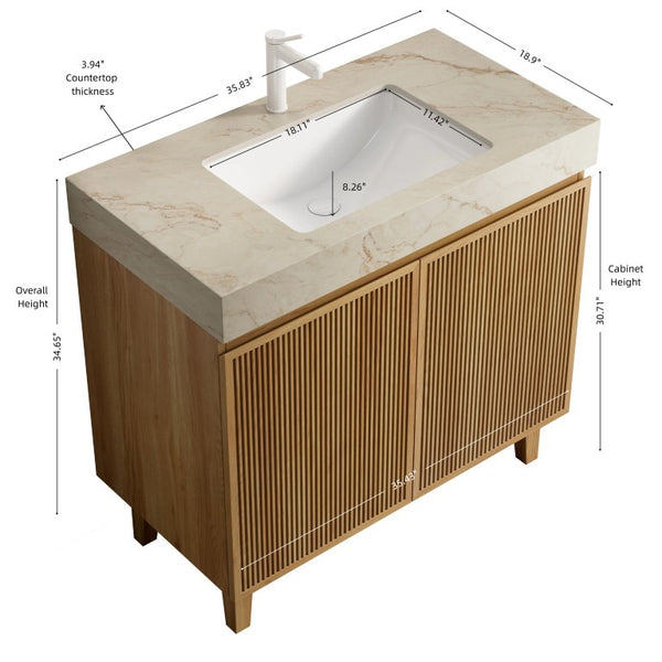 English Elm Lula Freestanding Bathroom Vanity with Sintered Stone Top and Fluted Wood Cabinet 36 inches Cream Gold / Natural Wood 1 Hole W2615S00934