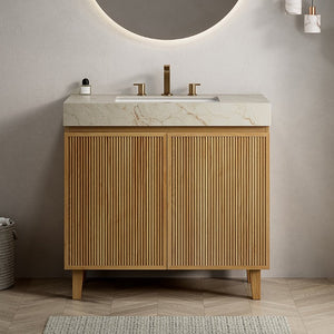 English Elm Lula Freestanding Bathroom Vanity with Sintered Stone Top and Fluted Wood Cabinet 36 inches Cream Gold / Natural Wood 3 Holes W2615S00935