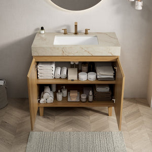 English Elm Lula Freestanding Bathroom Vanity with Sintered Stone Top and Fluted Wood Cabinet 36 inches Cream Gold / Natural Wood 3 Holes W2615S00935