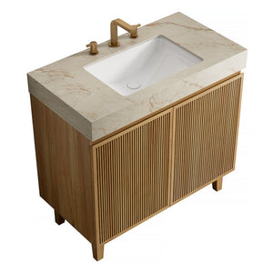English Elm Lula Freestanding Bathroom Vanity with Sintered Stone Top and Fluted Wood Cabinet 36 inches Cream Gold / Natural Wood 3 Holes W2615S00935
