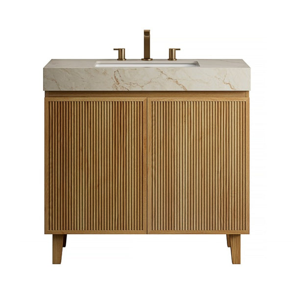 English Elm Lula Freestanding Bathroom Vanity with Sintered Stone Top and Fluted Wood Cabinet 36 inches Cream Gold / Natural Wood 3 Holes W2615S00935