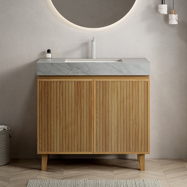 English Elm Lula Freestanding Bathroom Vanity with Sintered Stone Top and Fluted Wood Cabinet 36 inches Carrara Grey / Natural Wood 1 Hole W2615S00936