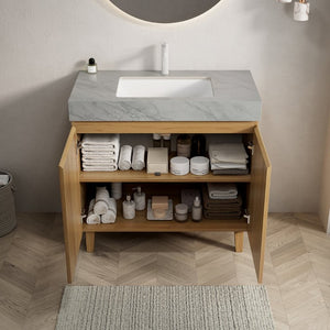 English Elm Lula Freestanding Bathroom Vanity with Sintered Stone Top and Fluted Wood Cabinet 36 inches Carrara Grey / Natural Wood 1 Hole W2615S00936