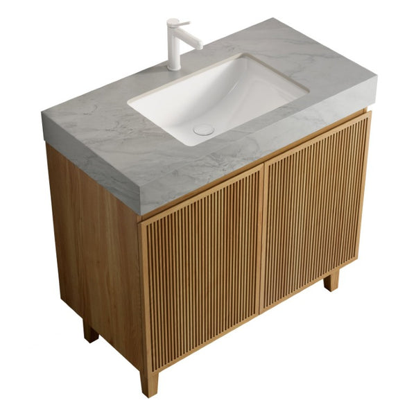 English Elm Lula Freestanding Bathroom Vanity with Sintered Stone Top and Fluted Wood Cabinet 36 inches Carrara Grey / Natural Wood 1 Hole W2615S00936