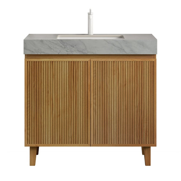 English Elm Lula Freestanding Bathroom Vanity with Sintered Stone Top and Fluted Wood Cabinet 36 inches Carrara Grey / Natural Wood 1 Hole W2615S00936