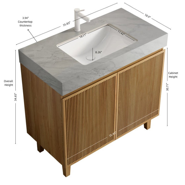 English Elm Lula Freestanding Bathroom Vanity with Sintered Stone Top and Fluted Wood Cabinet 36 inches Carrara Grey / Natural Wood 1 Hole W2615S00936