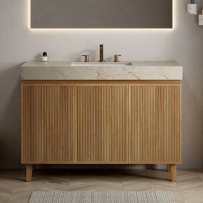 English Elm Lula 48 Inch Freestanding Bathroom Vanity Fluted Wood Sintered Stone Top Undermount Basin W2615S00939