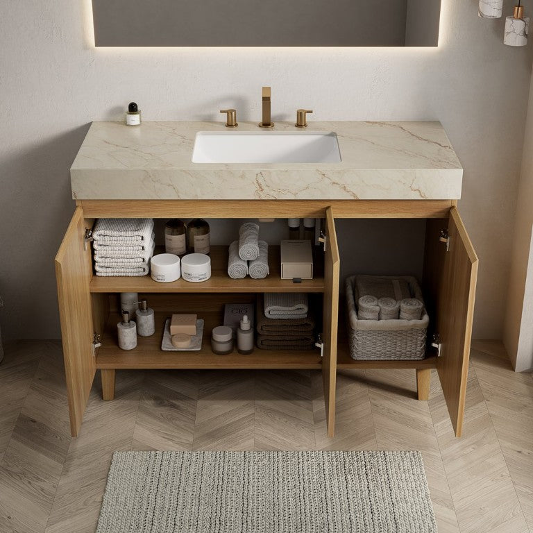 English Elm Lula 48 Inch Freestanding Bathroom Vanity Fluted Wood Sintered Stone Top Undermount Basin W2615S00939