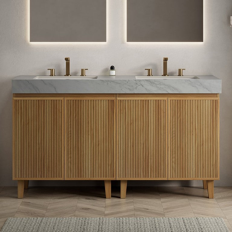 English Elm Eiden Floating Wall Vanity Combo with Sintered Stone Top and Fluted Cabinet Doors 60 inches Natural Wood W2615S00943