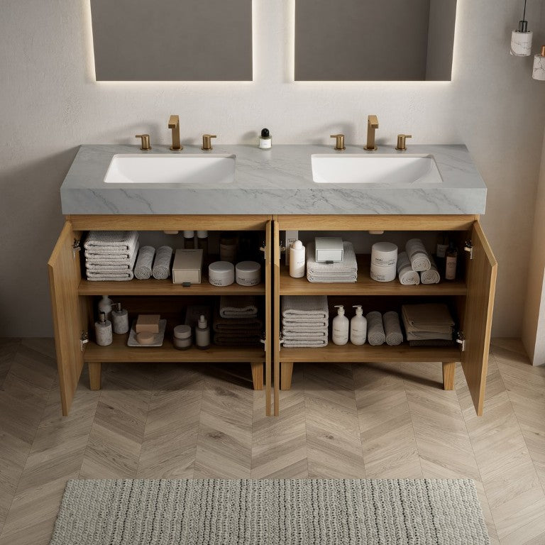 English Elm Eiden Floating Wall Vanity Combo with Sintered Stone Top and Fluted Cabinet Doors 60 inches Natural Wood W2615S00943