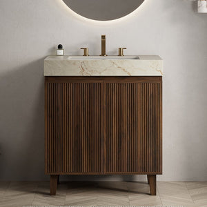 English Elm Lula Freestanding Bathroom Vanity with Fluted Wood Door and Sintered Stone Top 30 inches Beige Gold Walnut W2615S00949