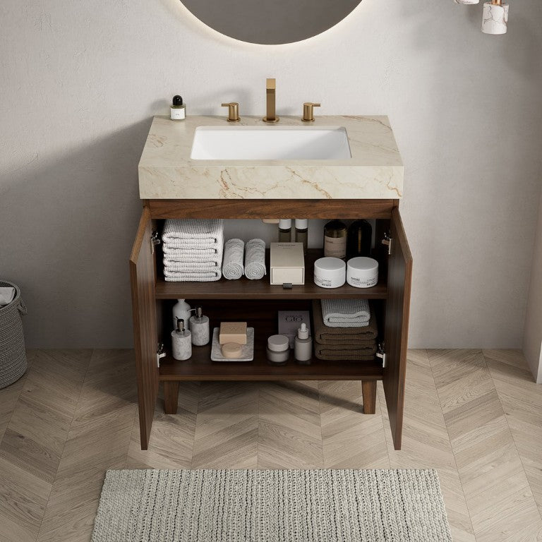 English Elm Lula Freestanding Bathroom Vanity with Fluted Wood Door and Sintered Stone Top 30 inches Beige Gold Walnut W2615S00949