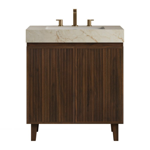 English Elm Lula Freestanding Bathroom Vanity with Fluted Wood Door and Sintered Stone Top 30 inches Beige Gold Walnut W2615S00949