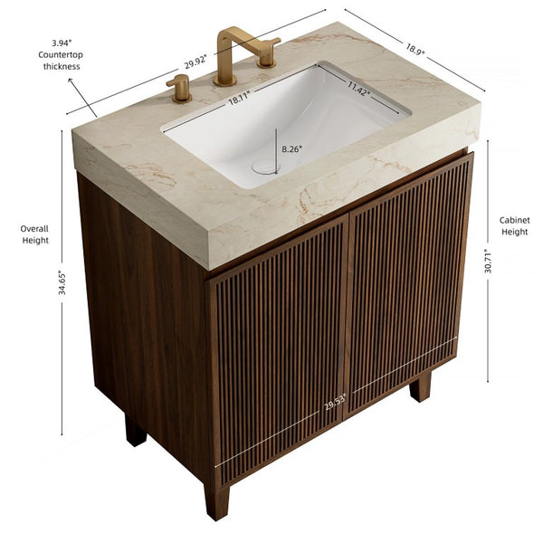 English Elm Lula Freestanding Bathroom Vanity with Fluted Wood Door and Sintered Stone Top 30 inches Beige Gold Walnut W2615S00949