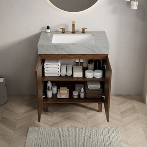 English Elm Lula Freestanding Bathroom Vanity with Sintered Stone Top and Fluted Wood Cabinet 30 inches Carrara Grey / Walnut 3 Holes W2615S00951