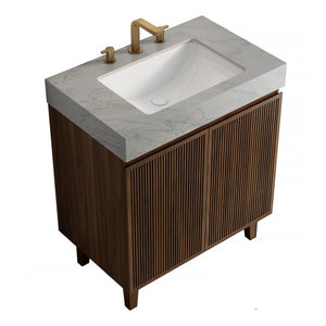 English Elm Lula Freestanding Bathroom Vanity with Sintered Stone Top and Fluted Wood Cabinet 30 inches Carrara Grey / Walnut 3 Holes W2615S00951