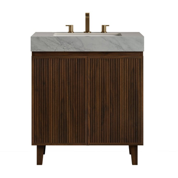 English Elm Lula Freestanding Bathroom Vanity with Sintered Stone Top and Fluted Wood Cabinet 30 inches Carrara Grey / Walnut 3 Holes W2615S00951