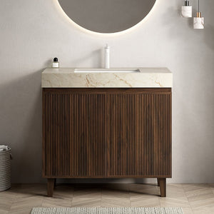 English Elm Lula Freestanding Bathroom Vanity with Sintered Stone Top and Fluted Wood Cabinet 36 inches Cream Gold / Walnut 1 Hole W2615S00952