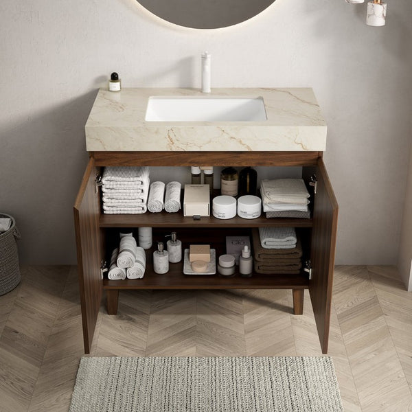 English Elm Lula Freestanding Bathroom Vanity with Sintered Stone Top and Fluted Wood Cabinet 36 inches Cream Gold / Walnut 1 Hole W2615S00952