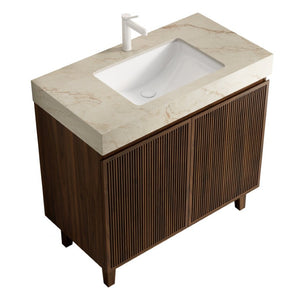 English Elm Lula Freestanding Bathroom Vanity with Sintered Stone Top and Fluted Wood Cabinet 36 inches Cream Gold / Walnut 1 Hole W2615S00952