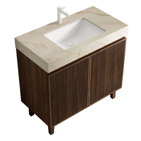 English Elm Lula Freestanding Bathroom Vanity with Sintered Stone Top and Fluted Wood Cabinet 36 inches Cream Gold / Walnut 1 Hole W2615S00952