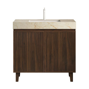 English Elm Lula Freestanding Bathroom Vanity with Sintered Stone Top and Fluted Wood Cabinet 36 inches Cream Gold / Walnut 1 Hole W2615S00952