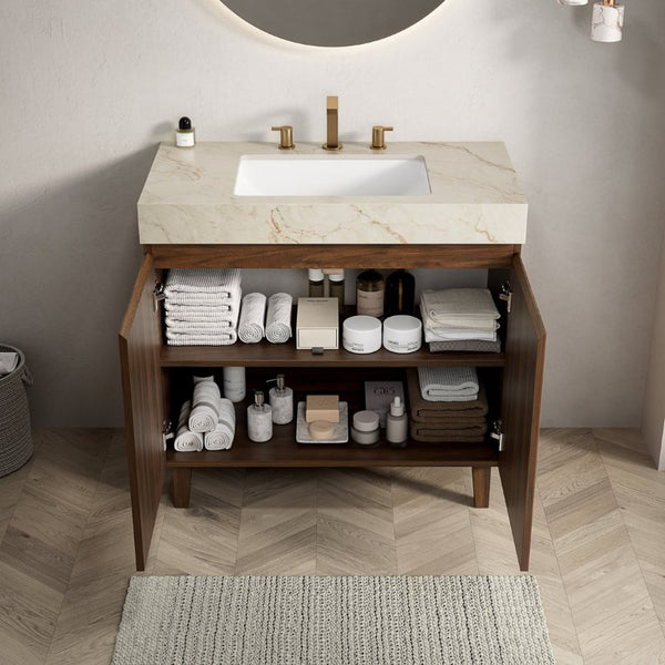 English Elm Lula Freestanding Bathroom Vanity with Sintered Stone Top and Fluted Wood Cabinet 36 inches Cream Gold / Walnut 3 Holes W2615S00953