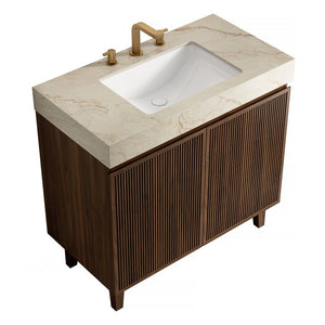English Elm Lula Freestanding Bathroom Vanity with Sintered Stone Top and Fluted Wood Cabinet 36 inches Cream Gold / Walnut 3 Holes W2615S00953