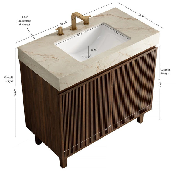English Elm Lula Freestanding Bathroom Vanity with Sintered Stone Top and Fluted Wood Cabinet 36 inches Cream Gold / Walnut 3 Holes W2615S00953