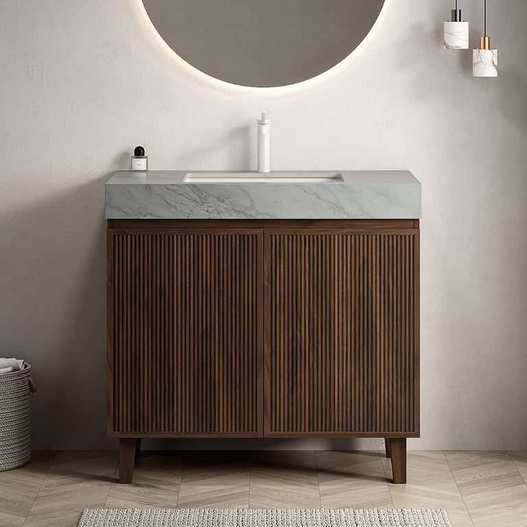 English Elm Lula Freestanding Bathroom Vanity with Sintered Stone Top and Fluted Wood Cabinet 36 inches Carrara Grey / Walnut 1 Hole W2615S00954