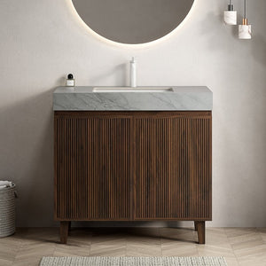 English Elm Lula Freestanding Bathroom Vanity with Sintered Stone Top and Fluted Wood Cabinet 36 inches Carrara Grey / Walnut 1 Hole W2615S00954