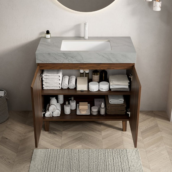 English Elm Lula Freestanding Bathroom Vanity with Sintered Stone Top and Fluted Wood Cabinet 36 inches Carrara Grey / Walnut 1 Hole W2615S00954