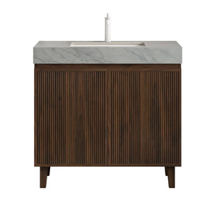 English Elm Lula Freestanding Bathroom Vanity with Sintered Stone Top and Fluted Wood Cabinet 36 inches Carrara Grey / Walnut 1 Hole W2615S00954