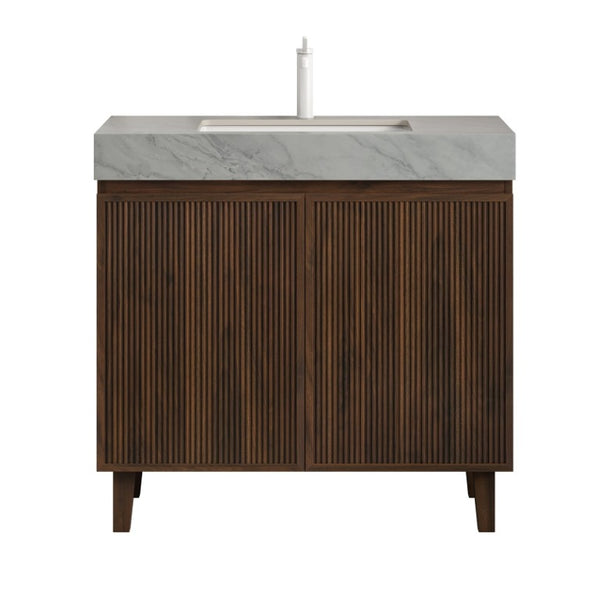 English Elm Lula Freestanding Bathroom Vanity with Sintered Stone Top and Fluted Wood Cabinet 36 inches Carrara Grey / Walnut 1 Hole W2615S00954