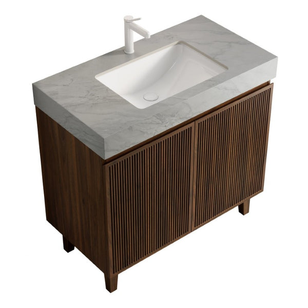English Elm Lula Freestanding Bathroom Vanity with Sintered Stone Top and Fluted Wood Cabinet 36 inches Carrara Grey / Walnut 1 Hole W2615S00954