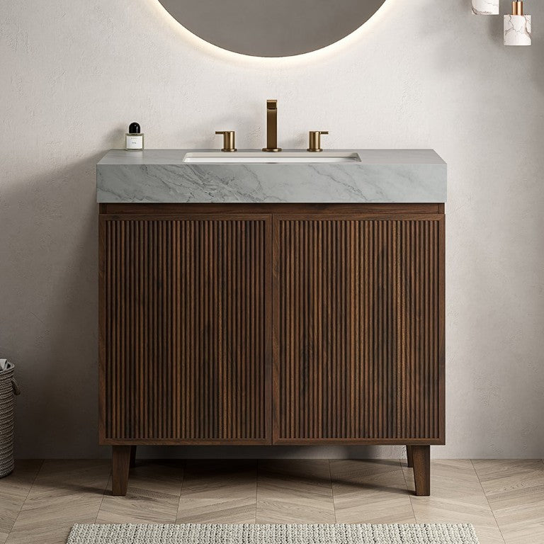 English Elm Lula Freestanding Bathroom Vanity Walnut Woodgrain Fluted Cabinet Sintered Stone Top W2615S00955