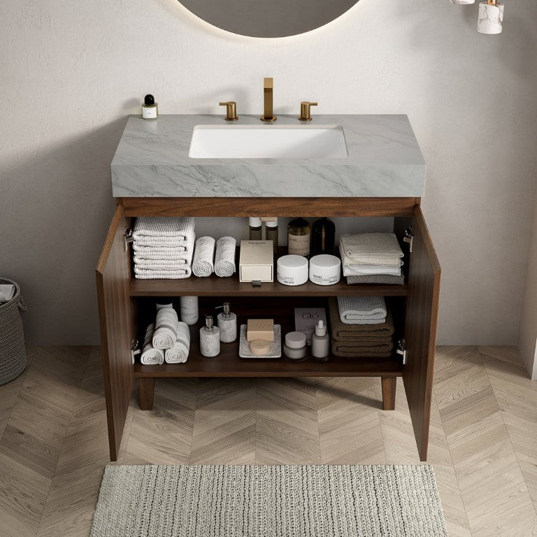 English Elm Lula Freestanding Bathroom Vanity Walnut Woodgrain Fluted Cabinet Sintered Stone Top W2615S00955