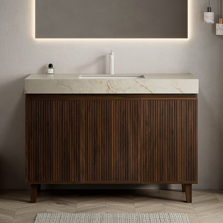 English Elm Lula 48 Inch Freestanding Bathroom Vanity Walnut Fluted Wood Sintered Stone Top W2615S00956