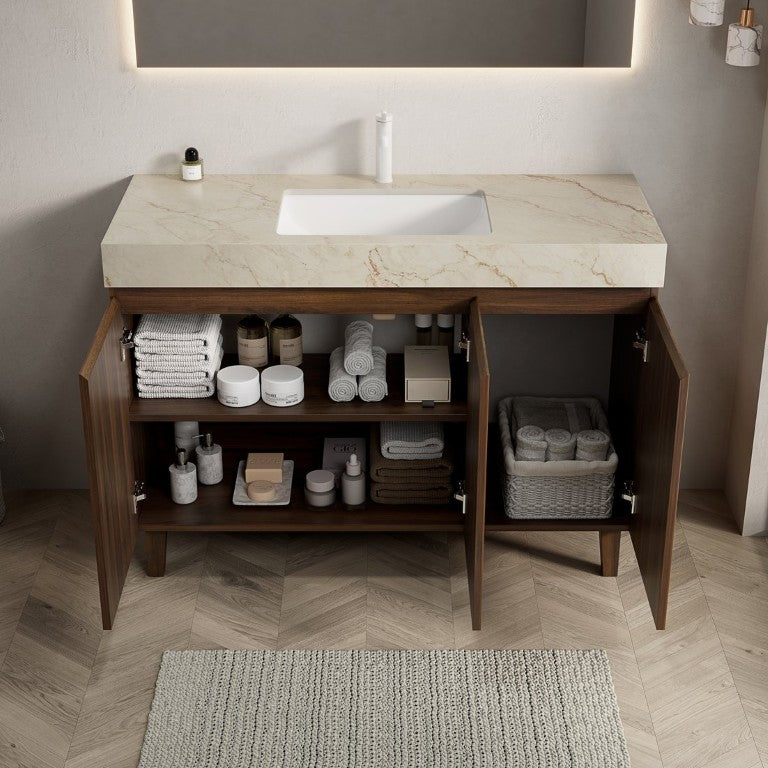 English Elm Lula 48 Inch Freestanding Bathroom Vanity Walnut Fluted Wood Sintered Stone Top W2615S00956