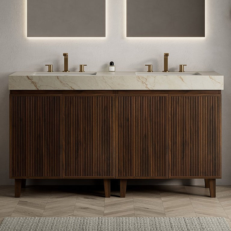 English Elm Lula Freestanding Bathroom Vanity with Fluted Wood Doors and Sintered Stone Top 60 inches Beige+Gold / Walnut W2615S00960