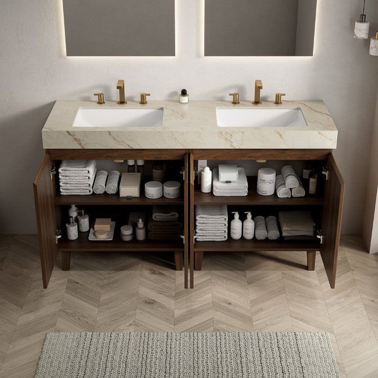 English Elm Lula Freestanding Bathroom Vanity with Fluted Wood Doors and Sintered Stone Top 60 inches Beige+Gold / Walnut W2615S00960